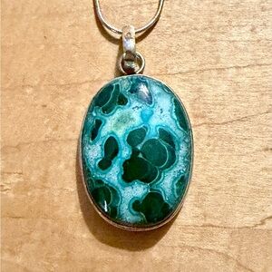 Unique Green “Turtle Shell” Malachite Chrysocolla Pendant Necklace - 925 Stamped